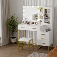 a white vanity with mirror and stool next to a potted plant