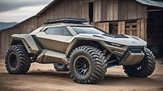 a futuristic vehicle parked in front of a barn