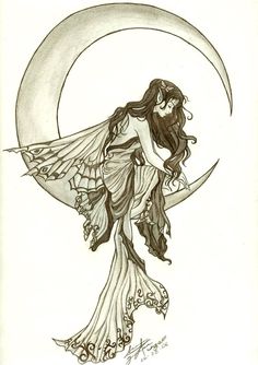 a drawing of a woman in a dress on the moon