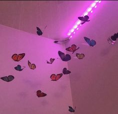 a room filled with lots of butterflies flying in the air next to a purple light