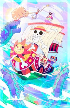 an image of a cartoon pirate ship in the ocean with cats and dogs on it