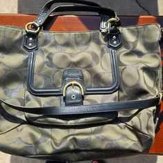 Authentic Coach F26243 Campbell Large Signature Metallic Green Nwot Green Leather Inside Zip, Cell Phone And Multifunction Pockets Zip-Top Closure, Fabric Lining Outside Snap Pocket Handles With 4 1/4" Drop Longer Strap For Shoulder Or Crossbody Wear 17 1/2" (L) X 12" (H) X 5 1/2" (W) Green Leather, Zip Top, Coach Bags, Cell Phone, Handles, Bag Lady, Shoulder Bag, Green, Leather