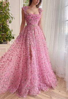 Rose Petals Gown | Teuta Matoshi Prom Dresses A Line, Teuta Matoshi, Backless Evening Gowns, Dresses A Line, Fest Outfits, Pink Prom Dress, Elegant Prom Dresses, Pink Prom, 3d Flowers