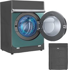 a washing machine with the door open next to it's front and side panels