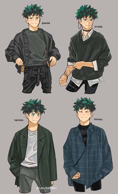 four different anime characters with green hair and black clothes, one is wearing a jacket