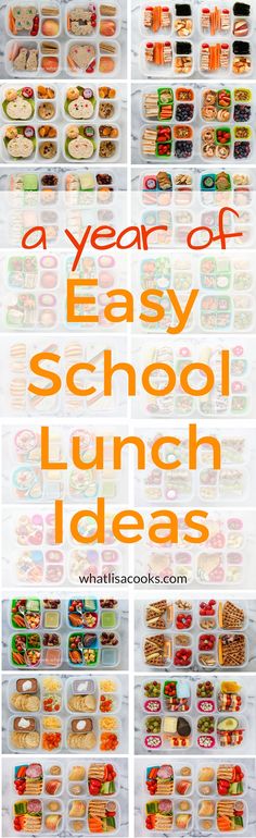 the back to school lunch ideas are organized in plastic containers with text overlay that reads a year of easy school lunch ideas