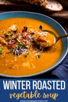 roasted vegetable soup in a bowl with a spoon Pioneer Woman Roasted Vegetable Soup, Creamy Roasted Vegetable Soup Recipes, Roasted Vegetable Puree Soup, Vegetable Blended Soup, Roasted Vegetable Bisque, Toasted Vegetable Soup, Roasted Veggie Soup Blended, Creamy Roasted Veggie Soup, Oven Roasted Soup