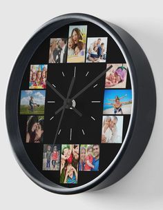 a black clock with many photos on it's face and numbers in the middle