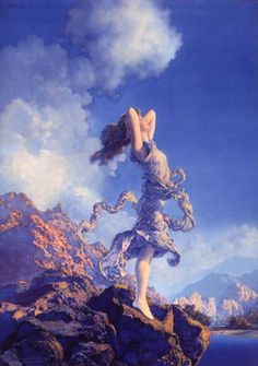 a painting of a woman standing on top of a mountain