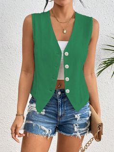 Green Casual Collar Sleeveless Woven Fabric Colorblock,Plain vest Embellished Non-Stretch  Women Clothing Dressy Vest, Vest Outfits For Women, Plain Vest, Knit Vest Pattern, Sleeveless Blazer, Lightweight Blazer, Vest Pattern, Blazers For Women