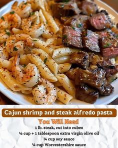 a plate with pasta, shrimp and steak on it next to an advertise