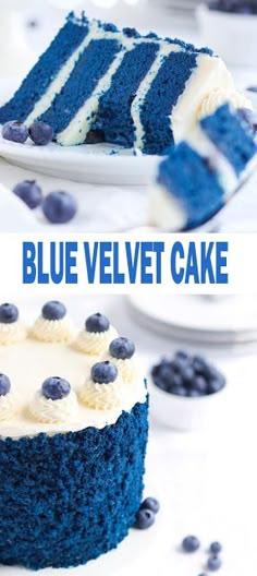 a blue velvet cake with white frosting and blueberries on the top is shown