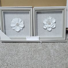 two framed pictures with white flowers in them on the floor next to a cardboard box