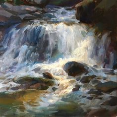 an oil painting of a waterfall with rocks and water flowing down it's sides