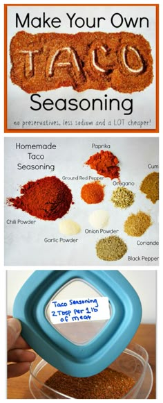 the ingredients for making taco seasoning are shown in three different pictures, including an image