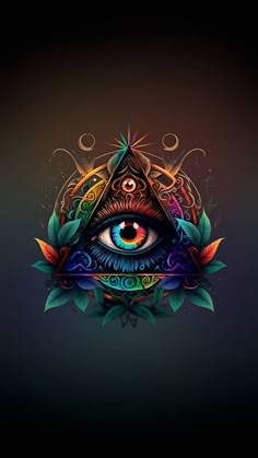 an all seeing eye in the center of a triangle with leaves and flowers around it