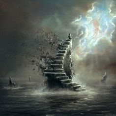 an artistic painting with stairs going up into the sky and people standing on it in the water