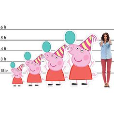 a woman standing in front of a line of peppa pig cut outs with birthday hats on