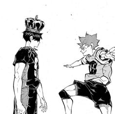 two people in black and white are facing each other, one with a crown on his head