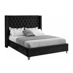 Aiden Velvet tufted bed in black fabric California King Bed Black, Black Love Bed, Black Wall Velvet Bed, Black Back Boards For Beds, Black Sleigh Bed King, Black Bedroom Bed Frames, King Size Bed Black Modern, Black Velvet Headboard Mirror Trim, Vintage Glam Bedroom Black Bed