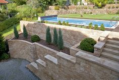 an aerial view of a pool and landscaping