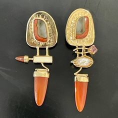 "A beautiful work of jewelry art custom made one of a kind 14kt yellow gold earrings made in the 90's.  Multi stones bezel set and prong set with agate, carnelian, pearl and pink tourmaline.  The length of earring is 3\" and width 1 inch.  Post backs weighing 23.11 grams.  Excellent condition." Gold Vintage Earrings, Modernist Jewelry, Steampunk Accessories, Yellow Gold Earrings, Fine Art Jewelry, Valley View, Fine Jewelry Designers, Yellow Gold Earring, Creative Jewelry