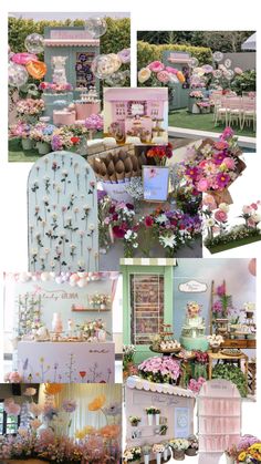 a collage of photos with flowers and cakes on display in the middle one is pink