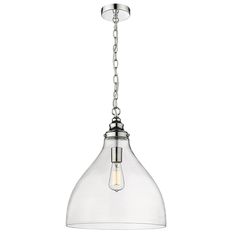 a clear glass light fixture hanging from a metal ceiling fixture with a chain attached to it