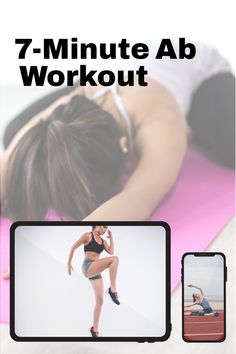 a woman is doing exercises on the floor with her cell phone in front of her and text that reads, 7 - minute ab workout