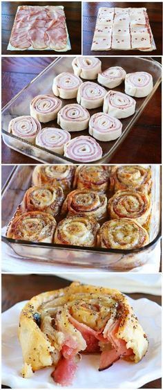 several different types of pastries and desserts in pans, including ham rolls