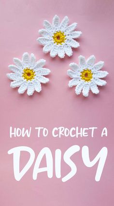 three crocheted daisies with the words how to crochet a daisy