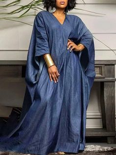 Lasaky - Easy to Wear Faux Denim Maxi Dress with V Neckline and No Belt Flowing Dress, Loose Dresses, Kaftan Maxi Dress, Denim Maxi Dress, Belted Midi Dress, Denim Maxi, Flowing Dresses, Loose Fitting Tops, Maxi Dress Blue