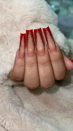 Cute Red Nail Designs Simple, Red Nail Set Simple, Crimson Red Nails Acrylic, Red V Tip Acrylic Nails, Unique Acrylic Nails Red, Long Red Acrylics, Red Nail Set Prom, Red And Black Graduation Nails, Clear And Red Nails