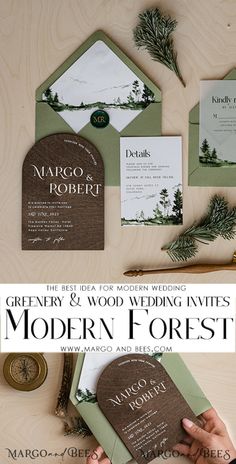 the wedding stationery is made with wood, paper and greenery for an elegant touch