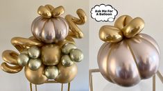 two pictures of gold and silver balloons on metal stands, one has a balloon as its head