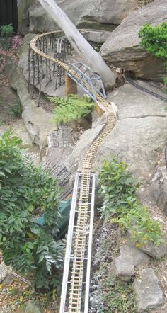 a miniature train going around a curve in the rocks and bushes on top of it