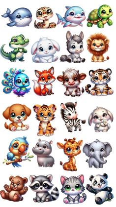 a bunch of different animals that are grouped together on a white background with the same color