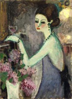 a painting of a woman with flowers in front of a mirror