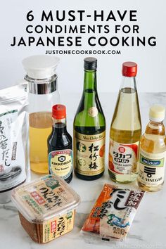 ingredients for japanese cooking on a counter top with text overlay that reads, ingredients for japanese cooking