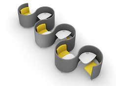 three gray and yellow chairs sitting next to each other on top of a white floor