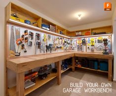 a workbench with lots of tools on the wall and below it is an image of a garage