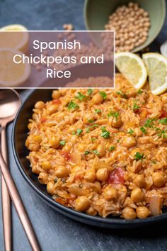 spanish chickpeas and rice in a black bowl