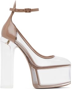 Transparent PVC heels in pink. Patent leather trim throughout. · Pin-buckle ankle strap · Logo stamp at padded footbed · Transparent polymer block heel with rubber injection · Transparent polymer platform midsole · Leather sole · Heel: H6 in · Platform: H2.25 in Supplier color: Transparent/Rose Luxury Ankle Strap Platform Heels, Luxury Platform Heels With Ankle Strap, Designer Closed Toe Heels With Rubber Heel Cap, Designer Block Heels With Contrasting Heel Counter, Pvc Heels, Valentino Pink, Clear Shoes, Shoes Heels Classy, Heels Classy