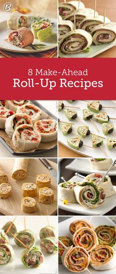 the collage shows different types of roll - up sandwiches and rolls on skewers