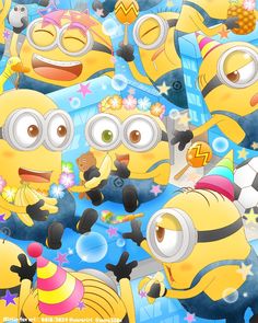 a group of cartoon minion characters in front of a blue background with stars and bubbles