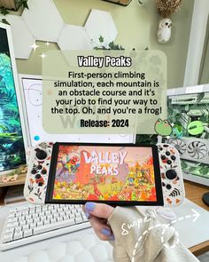 a person holding up a tablet with an advertisement on the screen that says valley peaks