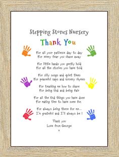 a handprinted poem with the words,'stepping stones nursery thank you '