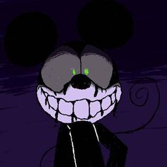 a cartoon character with green eyes and an evil smile on his face, standing in front of a dark background