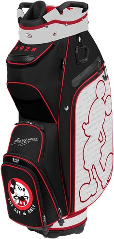 a black and red cart bag with mickey mouse on it