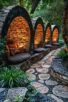 an outdoor seating area is lit up with lights